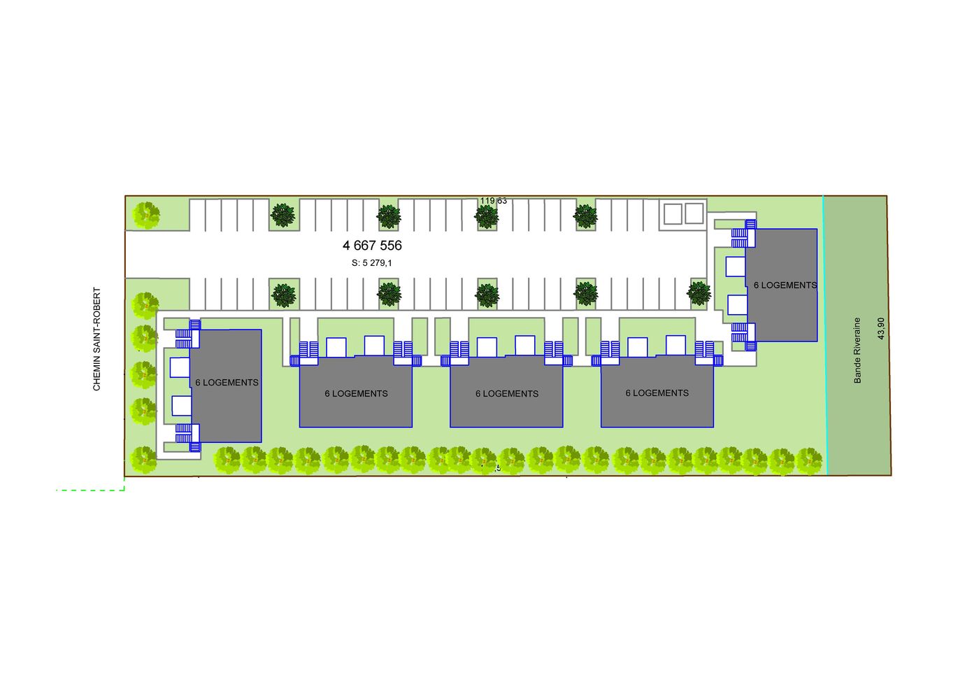Plan d'implantation du projet résidentiel à St-Robert, chemin Saint-Robert — 5 bâtiments de 6 logements, 30 unités